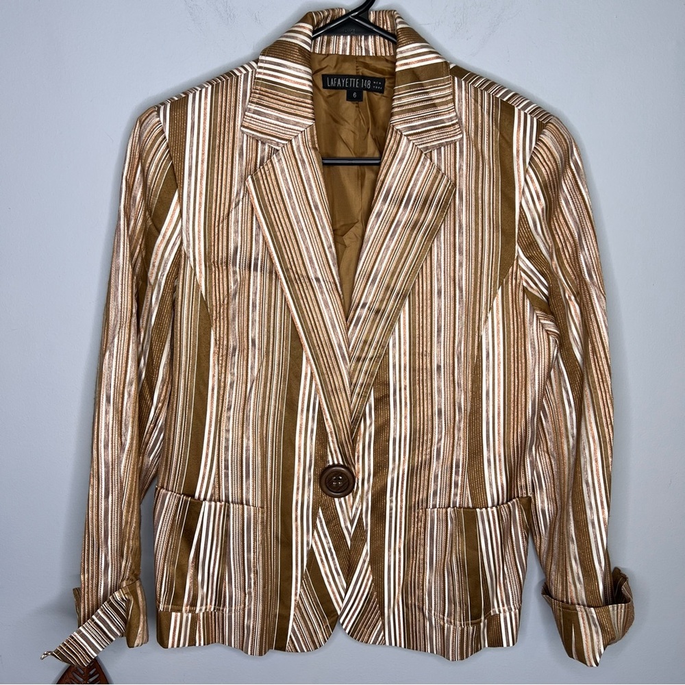 LAFAYETTE 148 SILK BLEND VERTICAL RUST, BROWN STRIPED JACKET/BLAZER